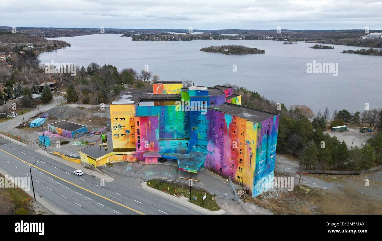Nov 12 2022, Sudbury Ontario Canada.  The Old St Joseph's hospital on Paris St in Sudbury is Canada's largest mural as it was painted in 2019. Luke Du Stock Photo