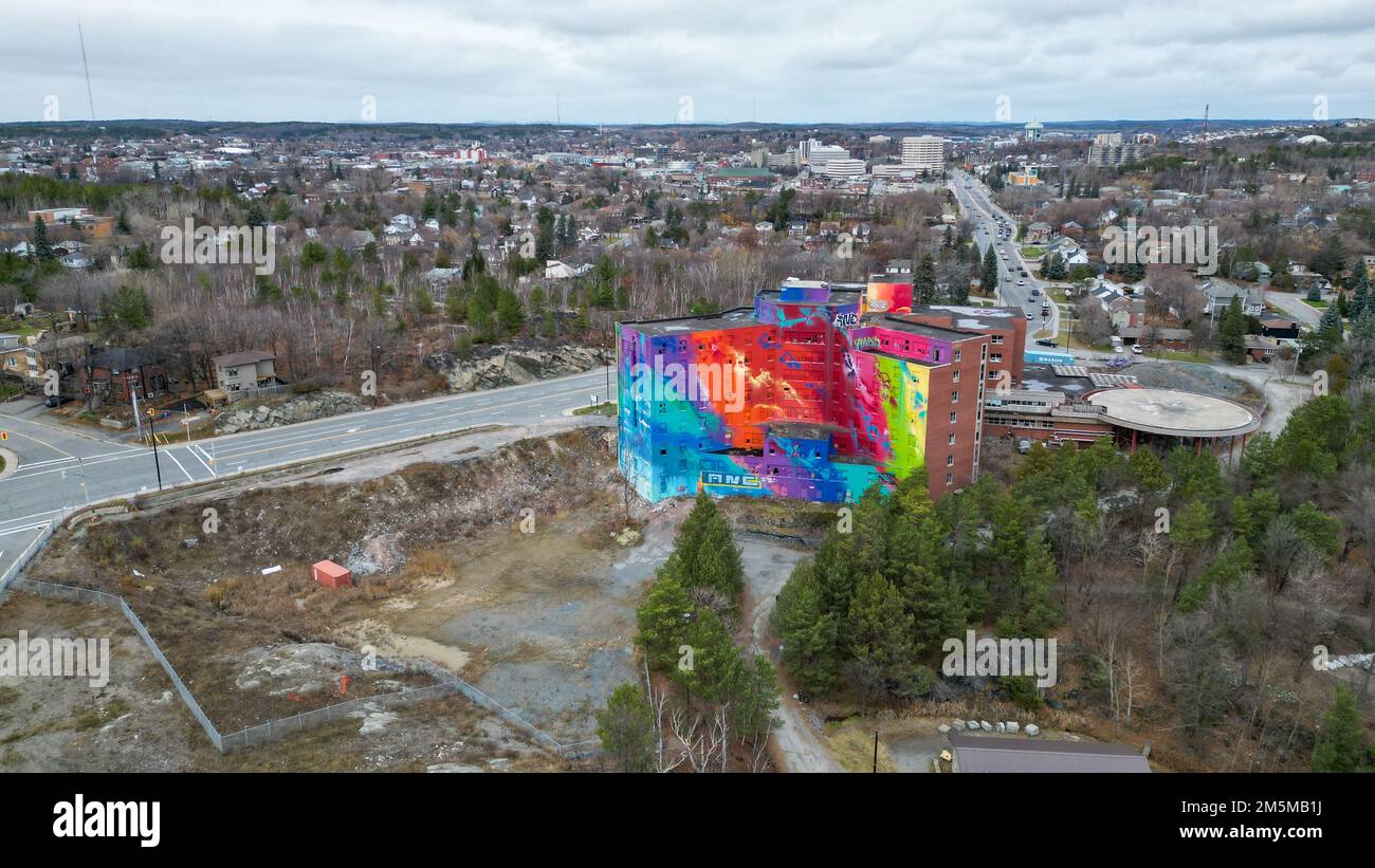 Nov 12 2022, Sudbury Ontario Canada.  The Old St Joseph's hospital on Paris St in Sudbury is Canada's largest mural as it was painted in 2019. Luke Du Stock Photo