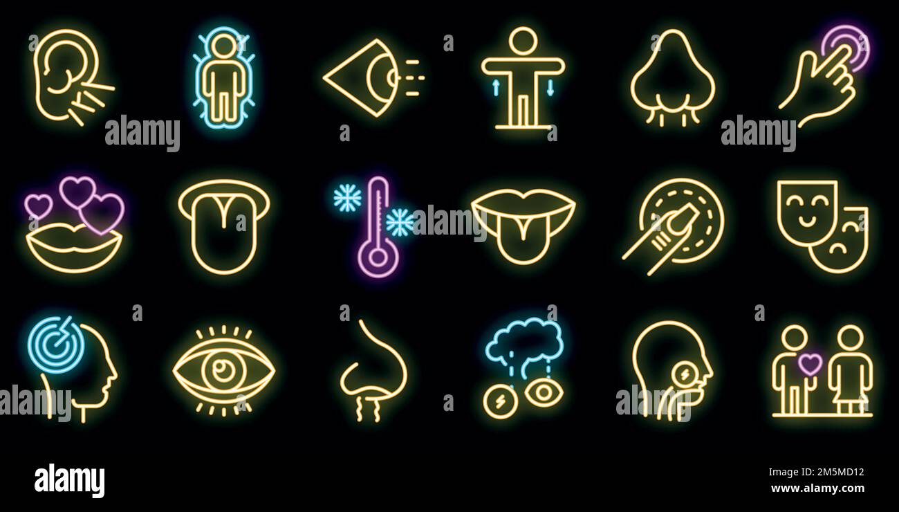 Senses icons set. Outline set of senses vector icons neon color on ...
