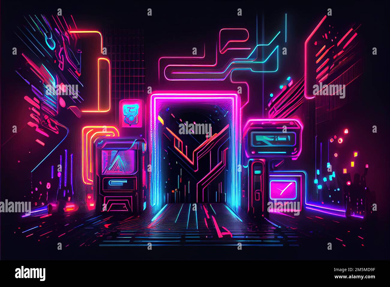 Generative AI illustration of gaming background, abstract cyberpunk style  of gamer wallpaper, neon glow light of scifi fluorescent sticks. Digitally  g Stock Photo - Alamy