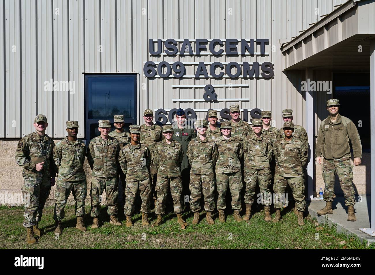 Cadets from Air Force Reserve Officer Training Corps Detachment 775 pose for a group photo during a 609th Air Communications Squadron immersion tour at Shaw Air Force Base, South Carolina, March 25, 2022. The cadets learned about the 609th ACOMS mission while getting one-on-one time with senior leaders within the squadron. Stock Photo