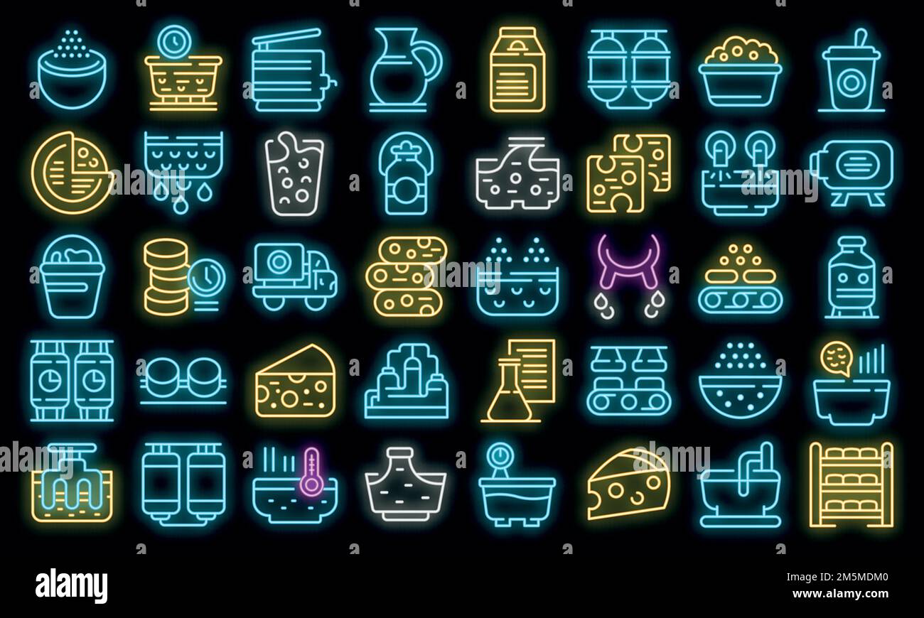 Cheese production icons set. Outline set of cheese production vector icons neon color on black Stock Vector