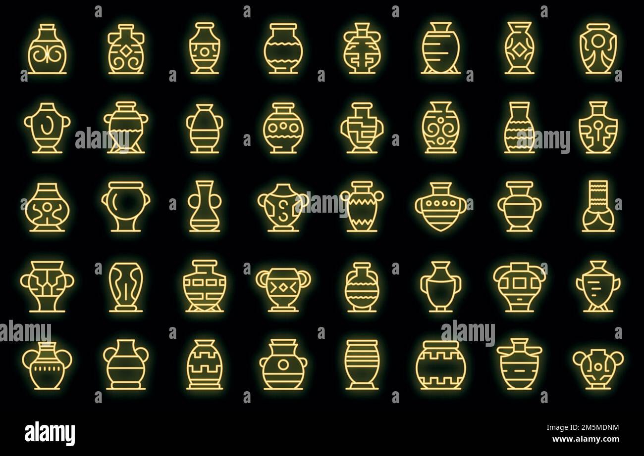 Amphora icons set. Outline set of amphora vector icons neon color on ...