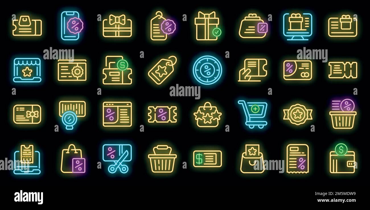 Online voucher icons set. Outline set of online voucher vector icons neon color on black Stock Vector