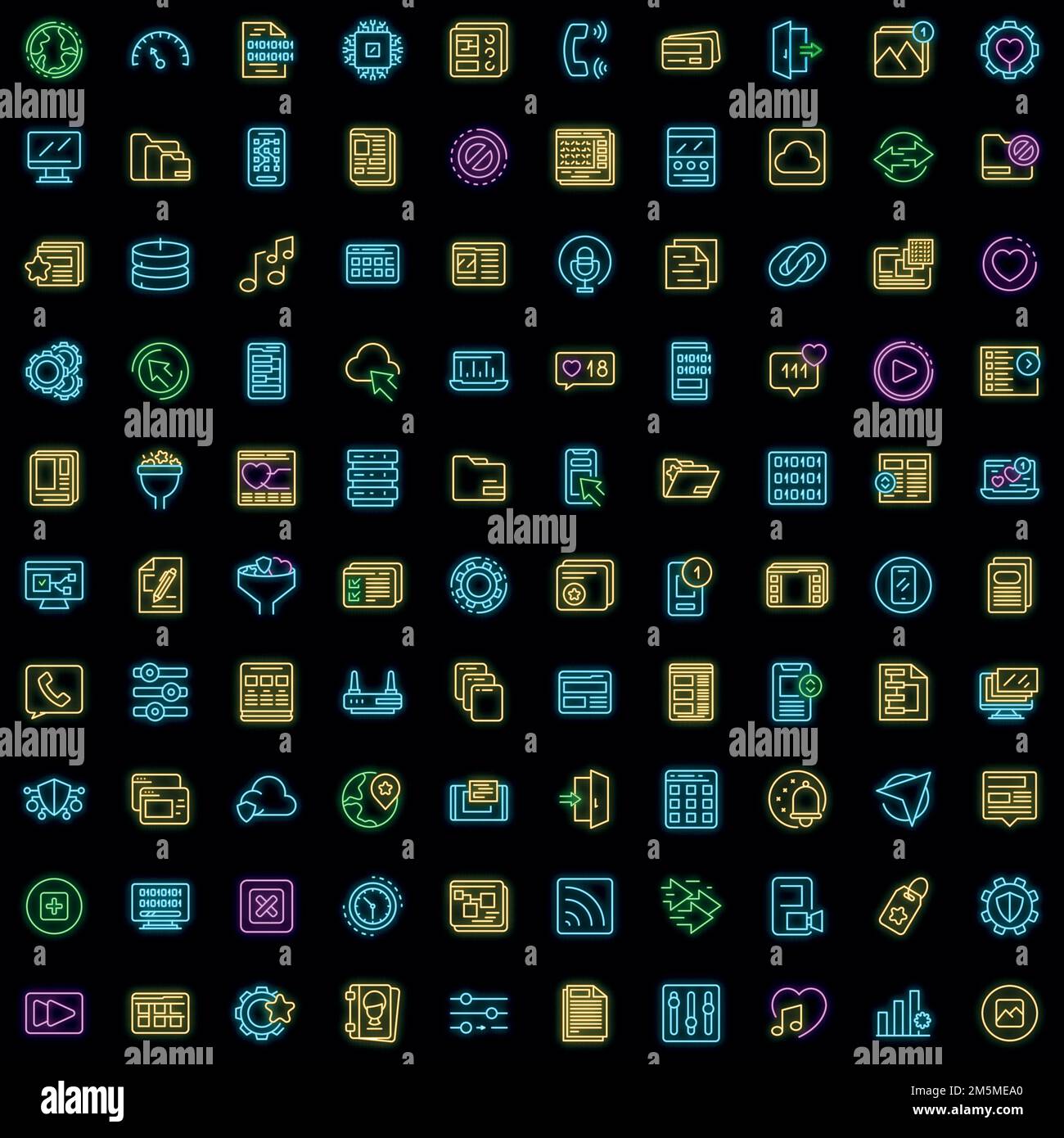 Interface icons set. Outline set of interface vector icons neon color ...