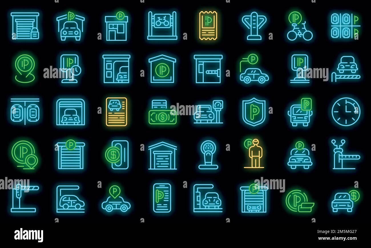 Paid parking icons set. Outline set of paid parking vector icons neon color on black Stock Vector