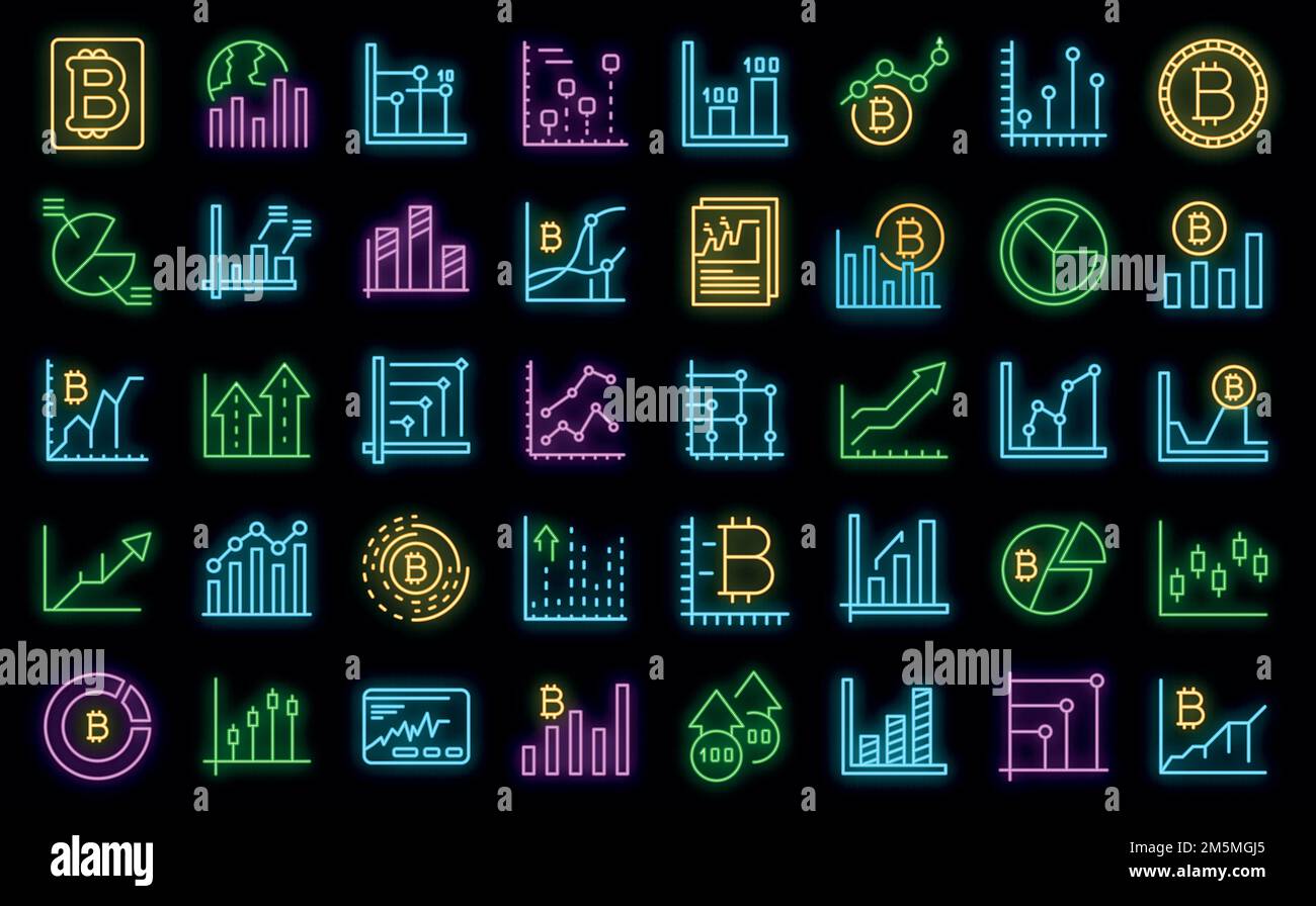 Bitcoin chart icons set. Outline set of bitcoin chart vector icons neon ...