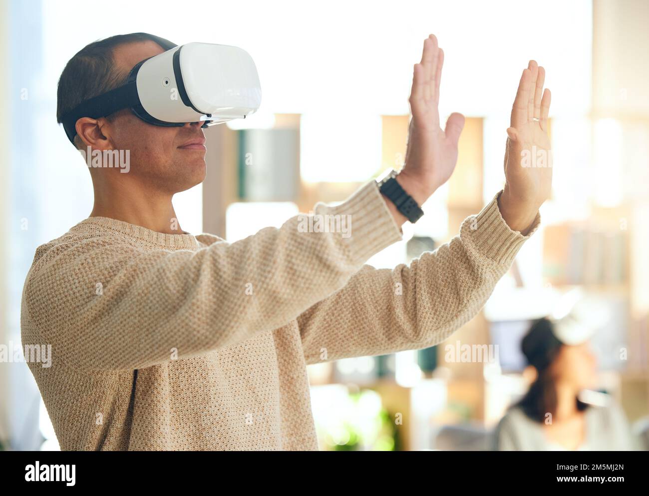 Man, hands and virtual reality, futuristic tech with vr glasses and metaverse experience, 3d vision and cyber space. Gaming, augmented reality with vr Stock Photo