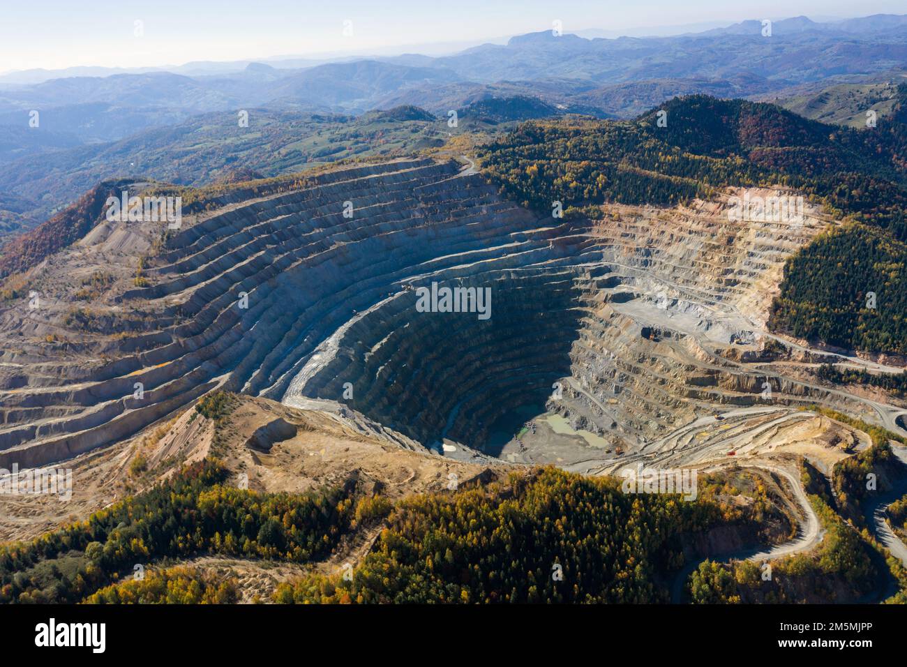 Aerial drone view of Rosia Poieni open pit copper mine, Romania Stock Photo