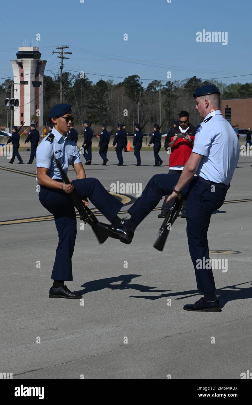 The Beaufort High School ‘Fancy Duet Armed’ team from Beaufort, South Carolina competes during the annual Top Gun Drill Meet at McEntire Joint National Guard Base, South Carolina, March 26, 2022. High School Junior Reserve Officers Training Corps cadets from twenty high schools from across the state competed in twelve drill and ceremony events sponsored by the South Carolina Air National Guard. Stock Photo