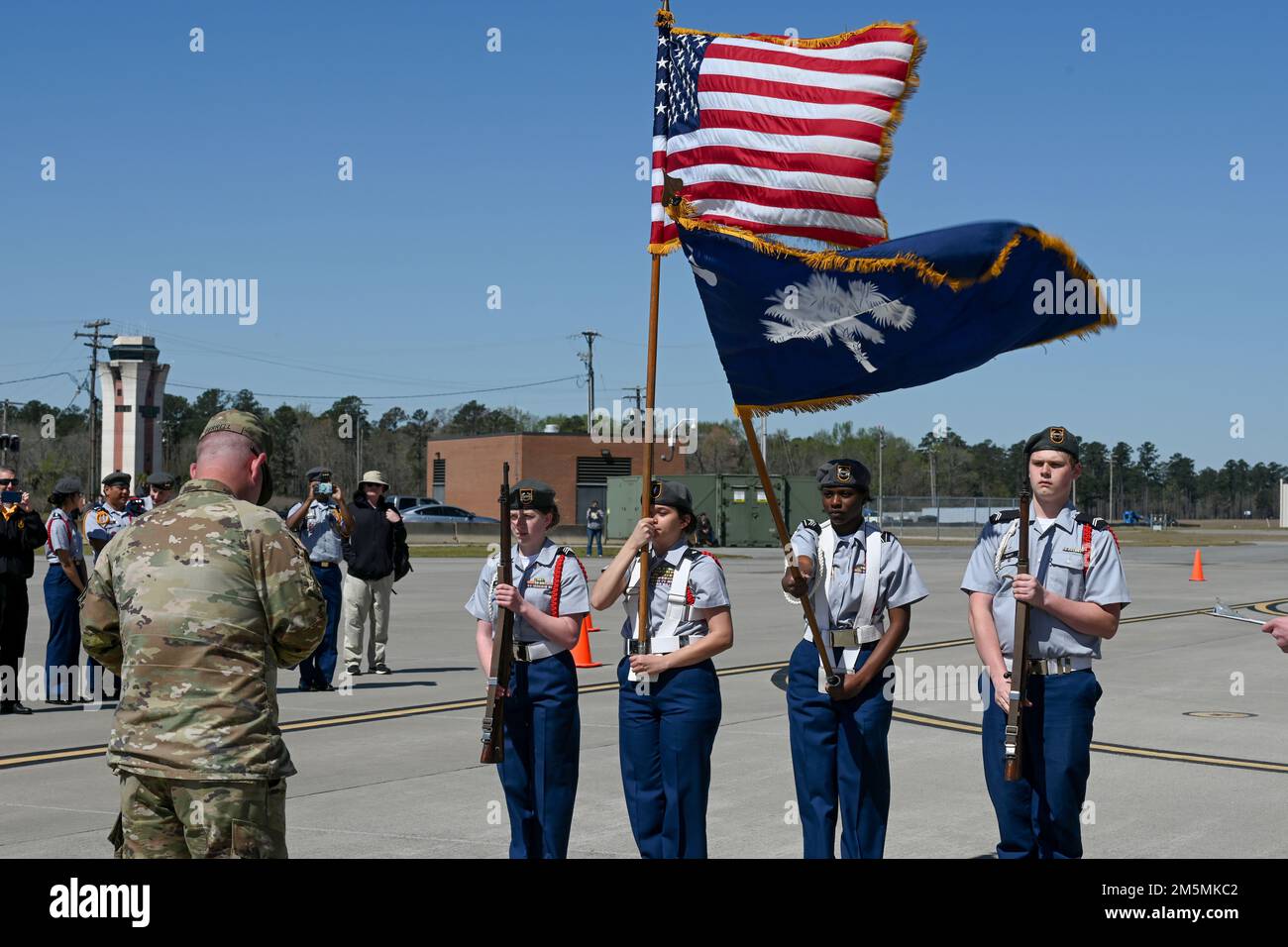 The Greenwood High School Color Guard team from Greenwood, South Carolina competes during the annual Top Gun Drill Meet at McEntire Joint National Guard Base, South Carolina, March 26, 2022. High School Junior Reserve Officers Training Corps cadets from twenty high schools from across the state competed in twelve drill and ceremony events sponsored by the South Carolina Air National Guard. Stock Photo