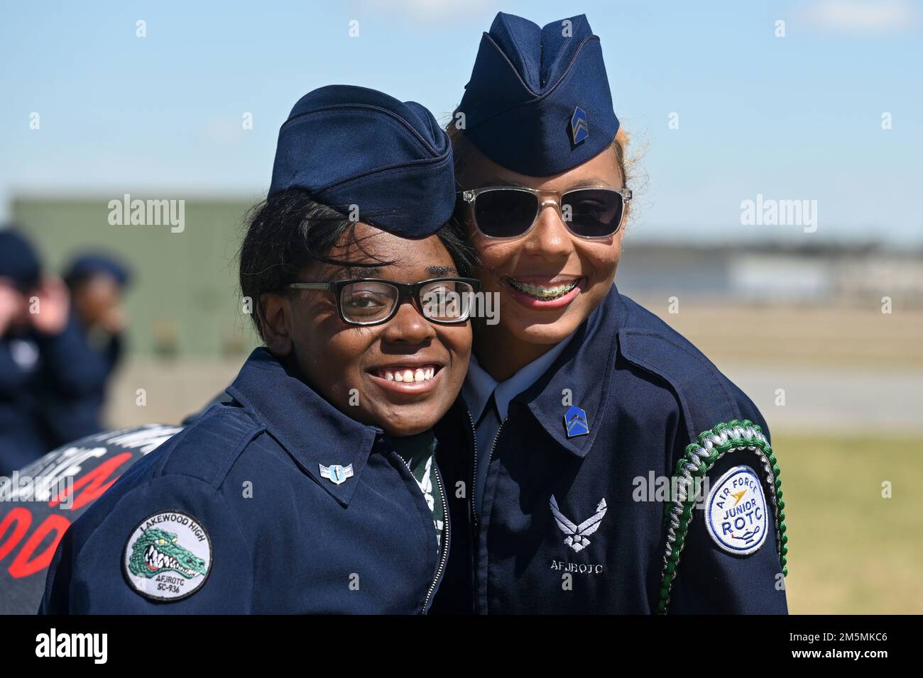 Students from Lakewood High School from Sumter, South Carolina phose for a photo during the annual Top Gun Drill Meet at McEntire Joint National Guard Base, South Carolina, March 26, 2022. High School Junior Reserve Officers Training Corps cadets from twenty high schools from across the state competed in twelve drill and ceremony events sponsored by the South Carolina Air National Guard. Stock Photo