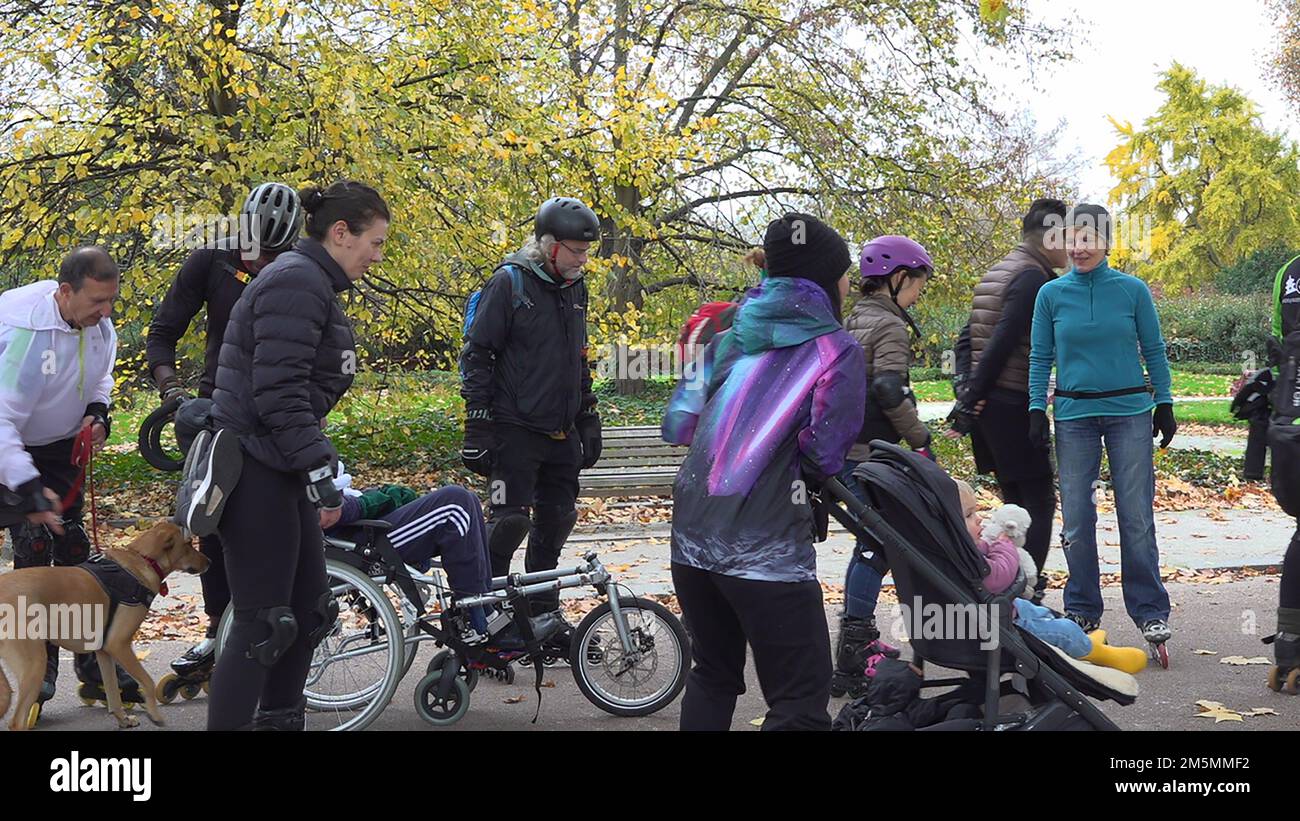 Members of Wheels and Wheelchairs, a wheelchair skating group, who