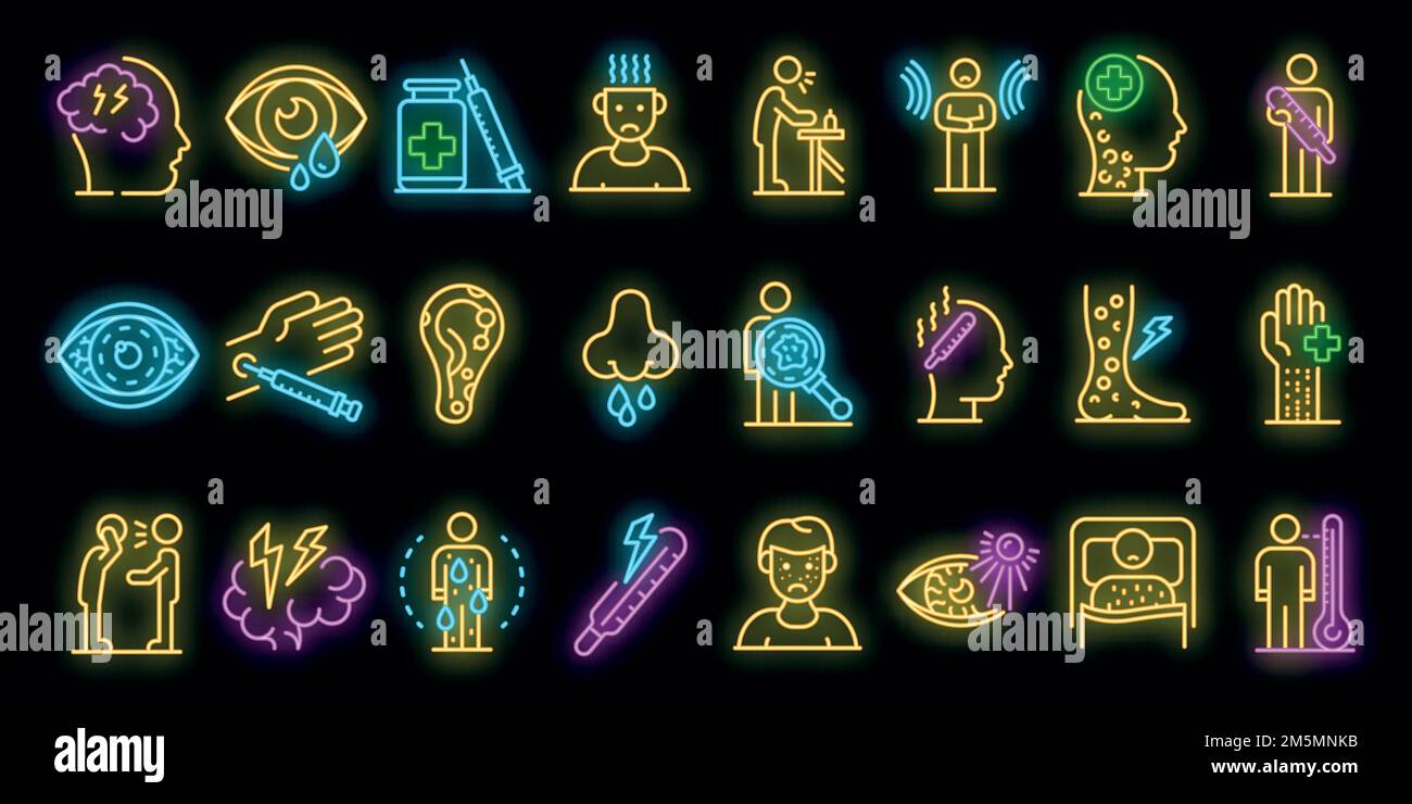 Measles icons set. Outline set of measles vector icons neon color on ...