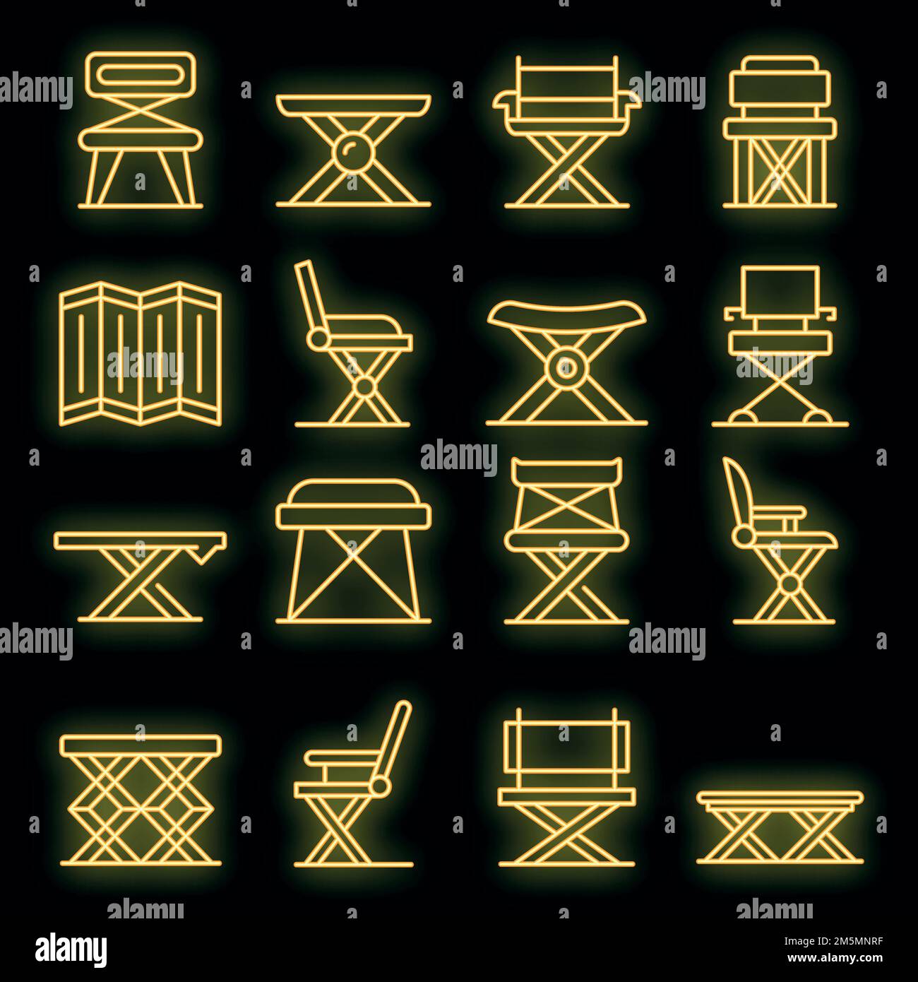 Folding furniture icons set. Outline set of folding furniture vector icons neon color on black Stock Vector