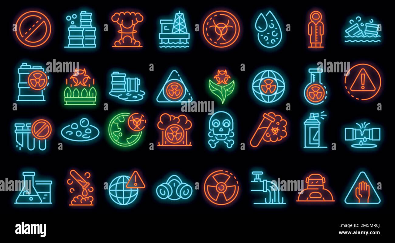 Biohazard icons set. Outline set of biohazard vector icons neon color ...