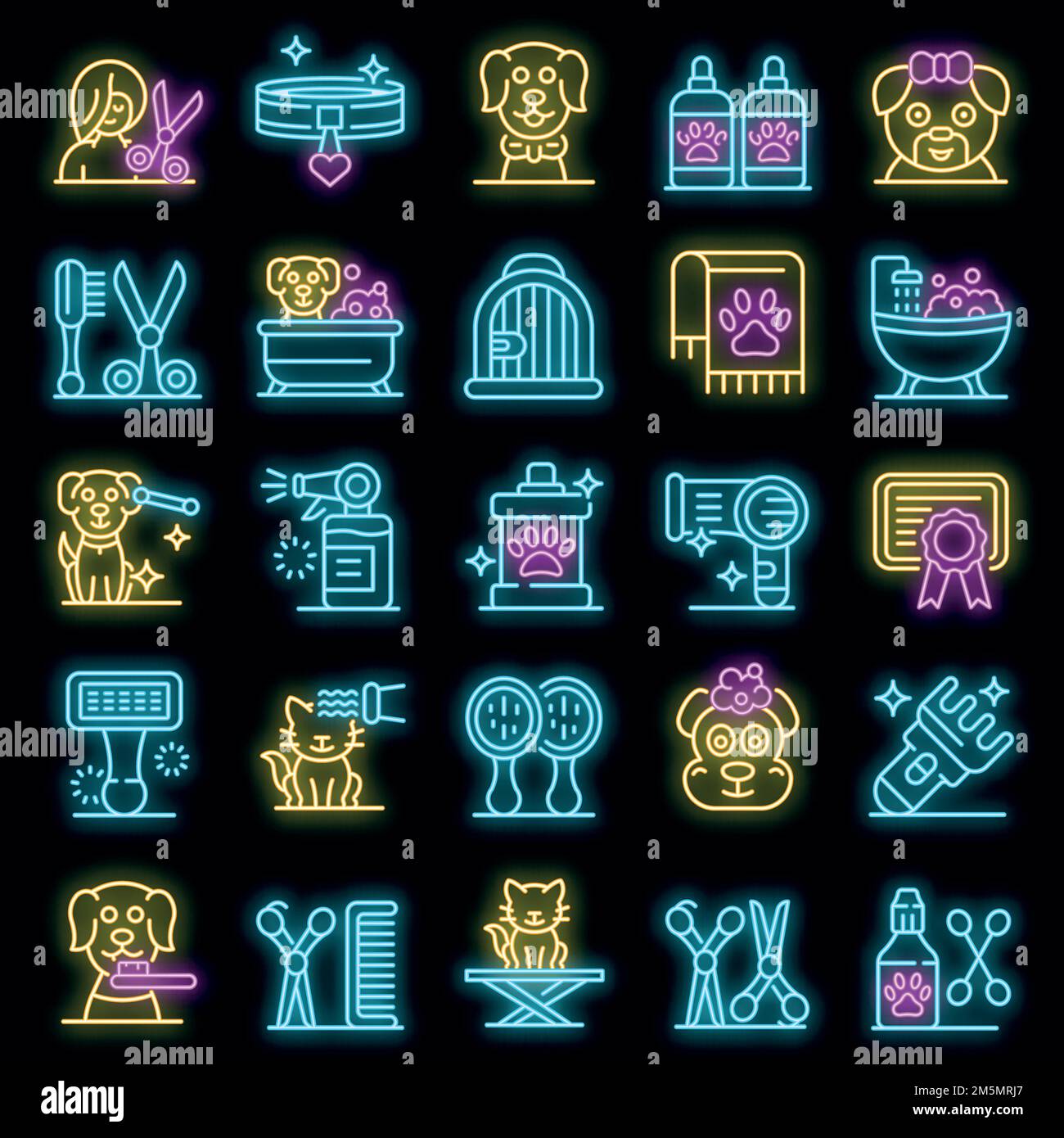 Groomer icons set. Outline set of groomer vector icons neon color on ...