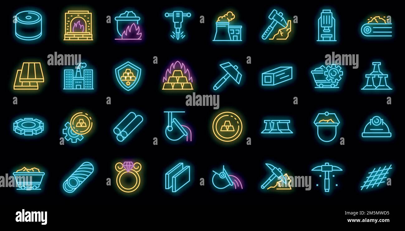 Metallurgy icons set. Outline set of metallurgy vector icons neon color
