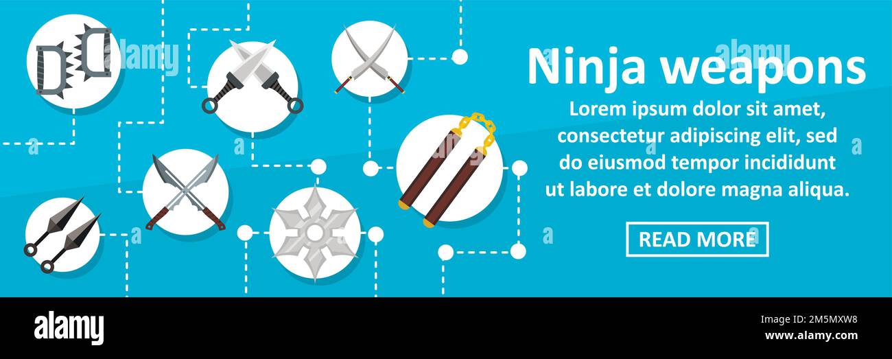 Ninja weapons banner horizontal concept. Flat illustration of ninja weapons banner horizontal vector concept for web design Stock Vector