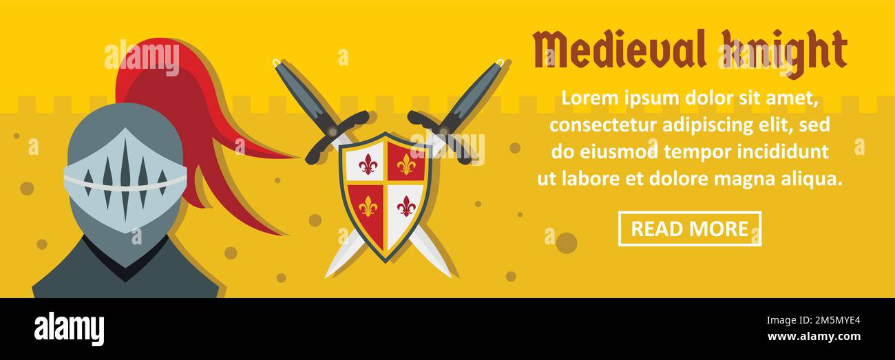 Medieval knight banner horizontal concept. Flat illustration of medieval knight banner horizontal vector concept for web design Stock Vector