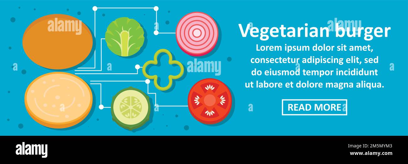 Vegetarian burger banner horizontal concept. Flat illustration of vegetarian burger banner horizontal vector concept for web design Stock Vector