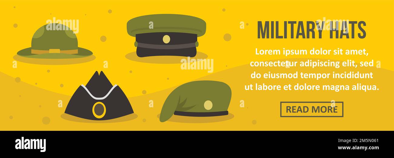 Military hats banner horizontal concept. Flat illustration of military hats banner horizontal vector concept for web design Stock Vector