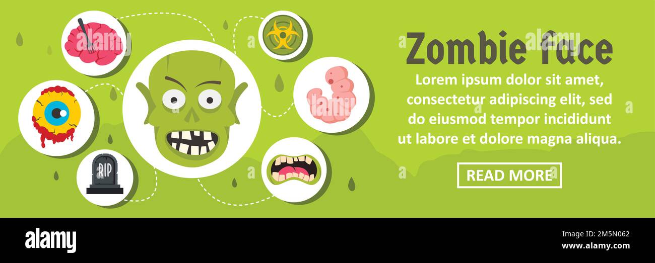 Zombie face banner horizontal concept. Flat illustration of zombie face