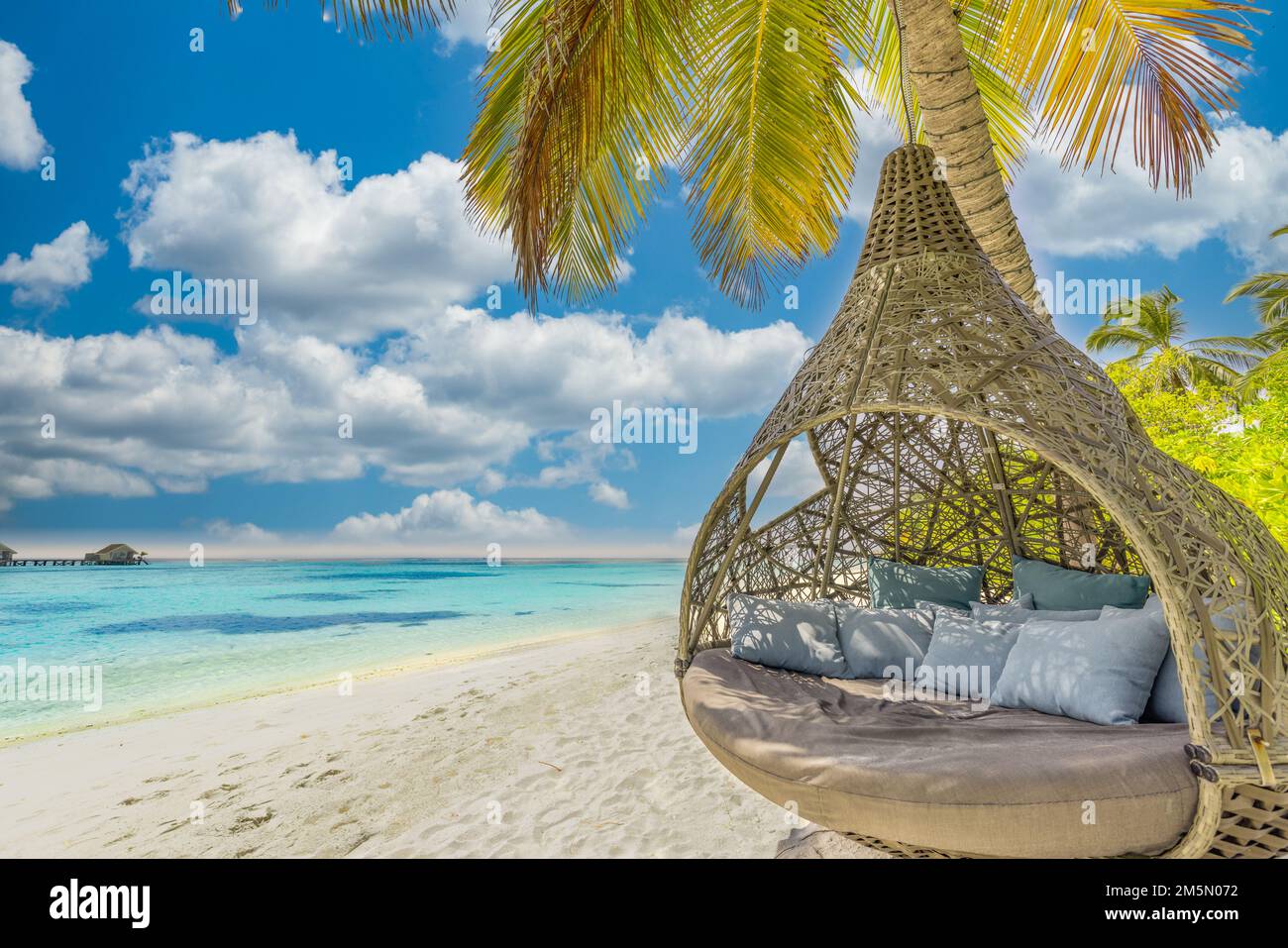 Tropical island beach as summer landscape with beach swing or hammock. Happy idyllic blue sky, sand palm tree leaves calm sea beach. Couple romance Stock Photo