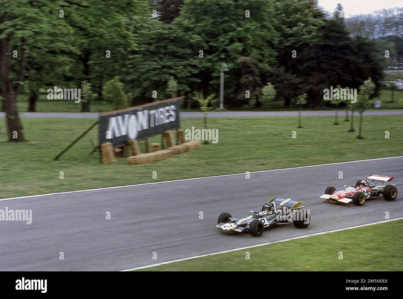 Jochen Rindt in a Lotus 69  leading Francois Cevert in a Tecno 69 in the 1970 European Formula 2 race at Crystal Palace race track 25/5/1970 Stock Photo