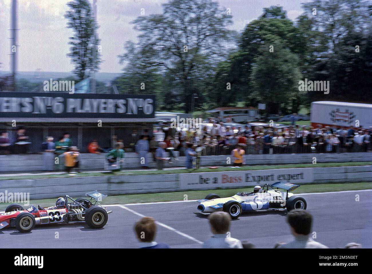 Francois Cevert in a Tecno ahead of Jackie Stewart in a Brabham BT30 at the 1970 European Formula 2 race at Crystal Palace race track 25/5/1970 Stock Photo
