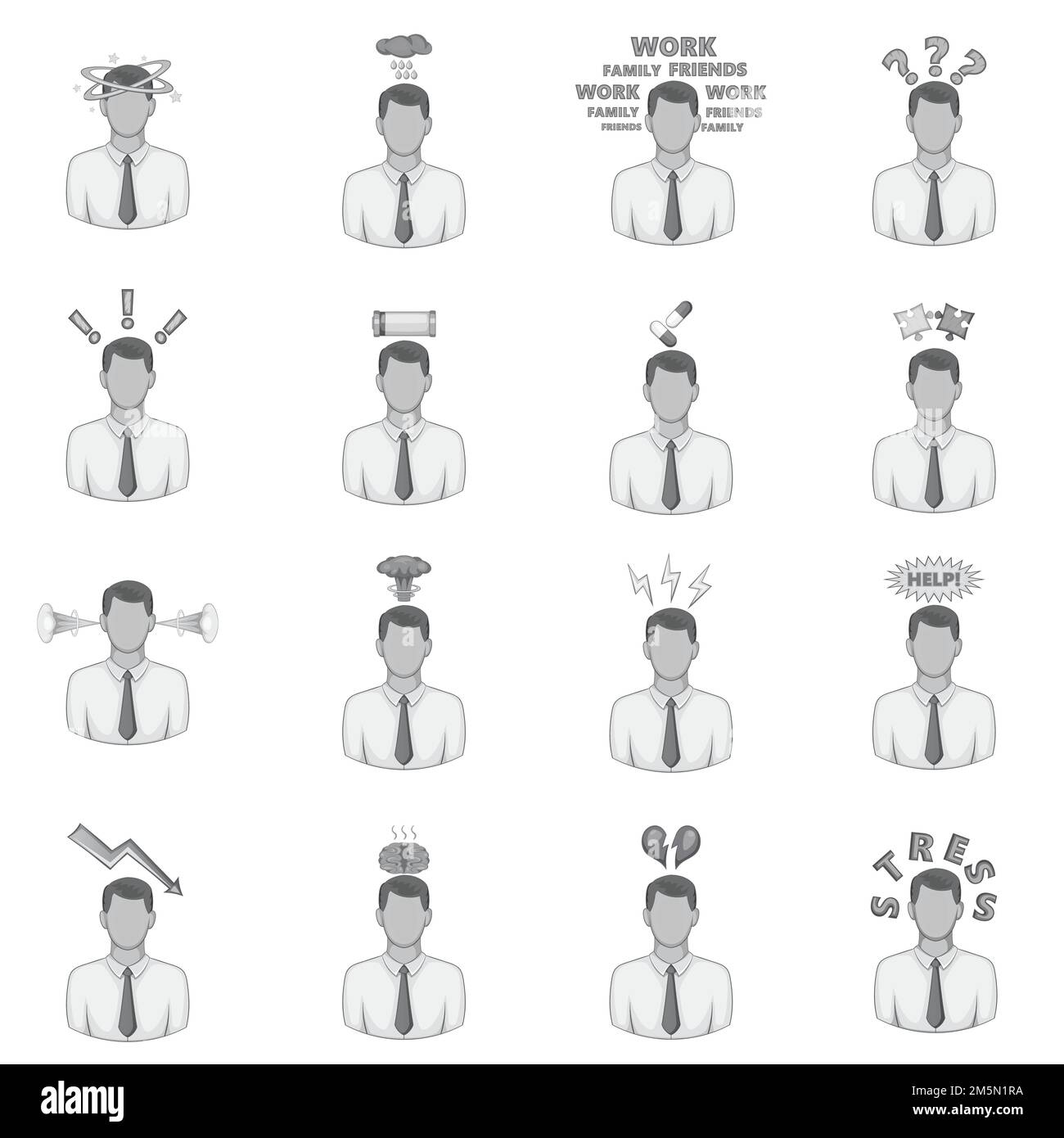 Stress icons set in monochrome style isolated on white background Stock Vector