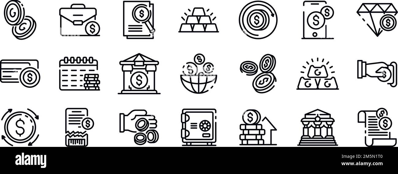 Bank metals icons set. Outline set of bank metals vector icons for web ...