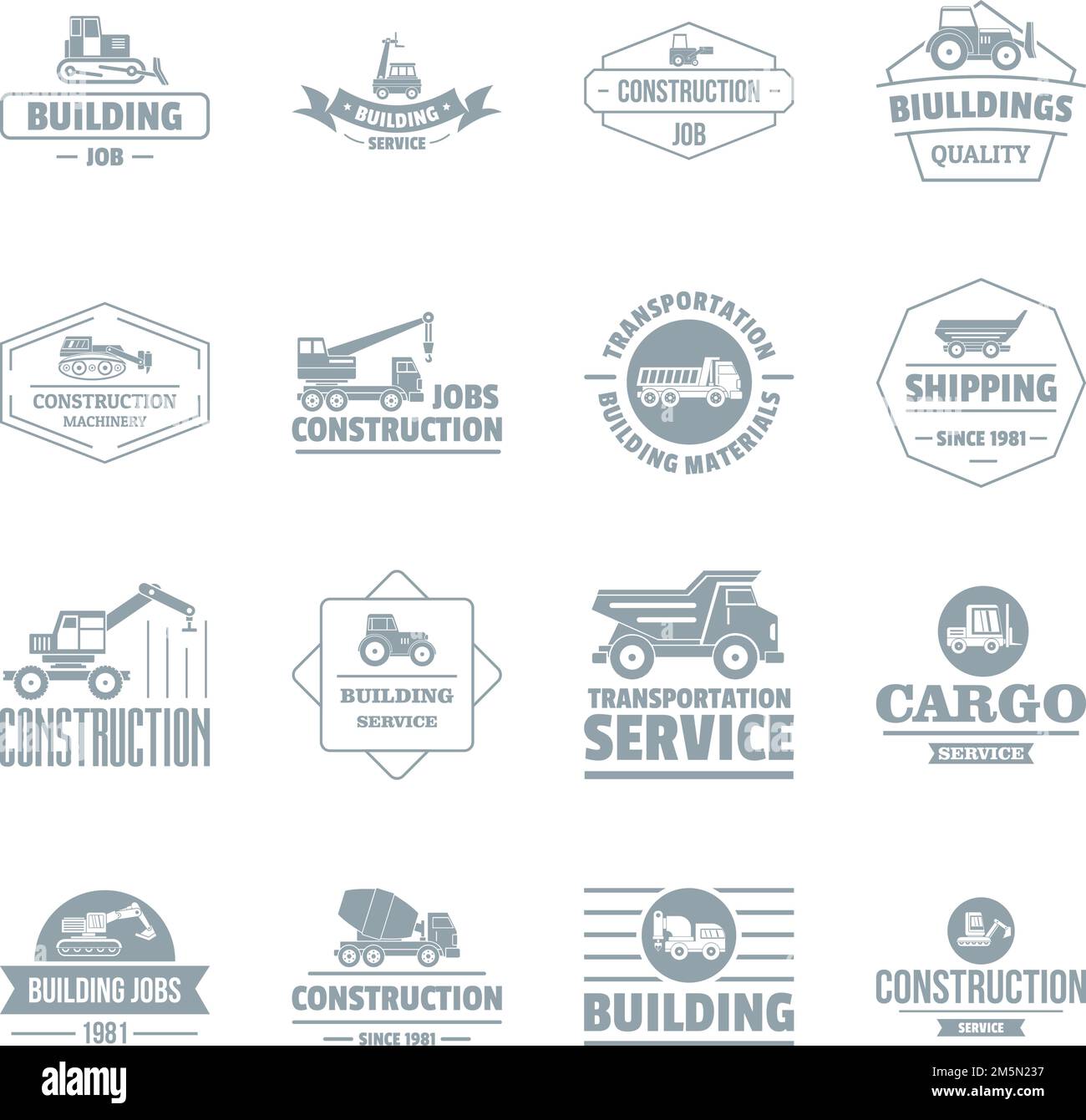 Building vehicles logo icons set. Simple illustration of 16 building vehicles logo vector icons for web Stock Vector