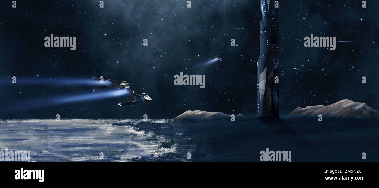 Spaceship fly to sci-fi, futuristic building on sea shore with mountain ...