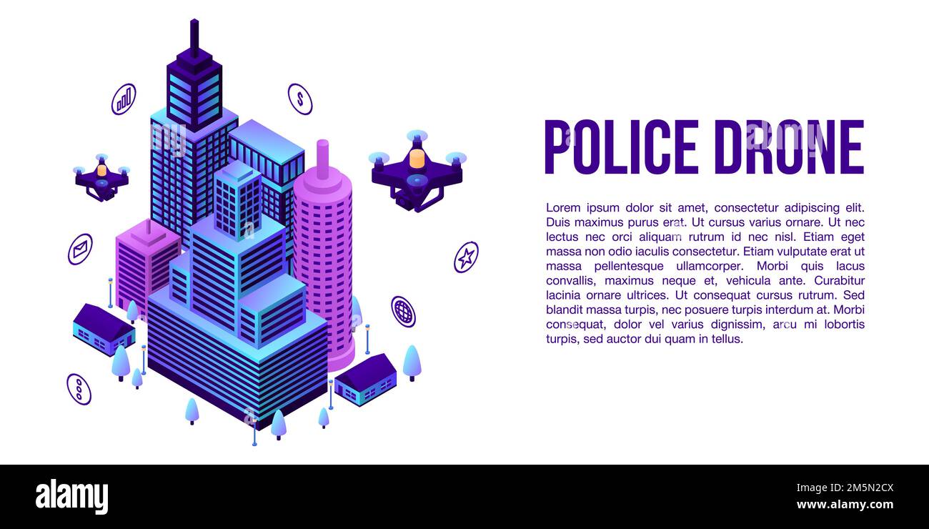 City police drone concept banner. Isometric illustration of city police drone vector concept banner for web design Stock Vector