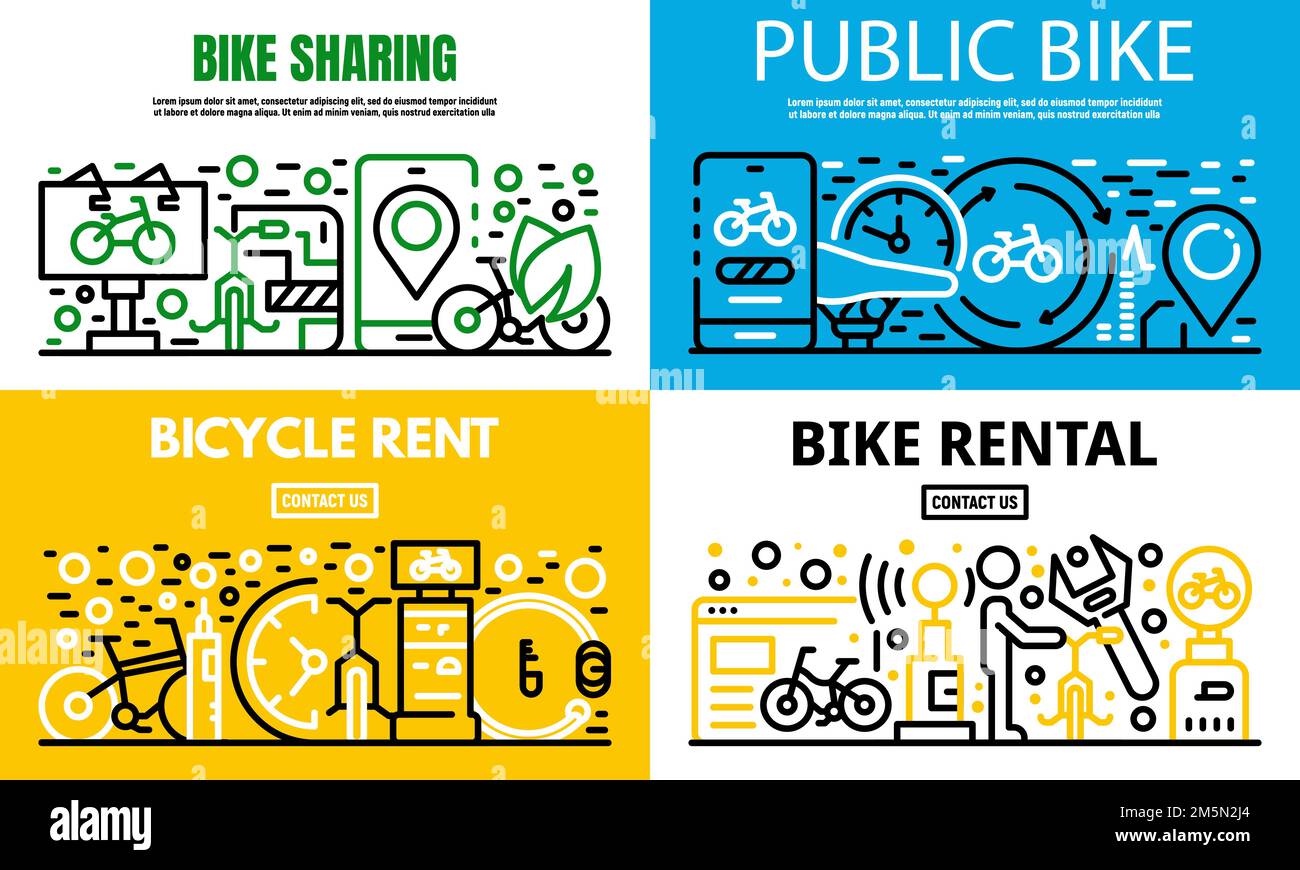 City rent a bike banner set. Outline set of city rent a bike vector banner for web design Stock Vector