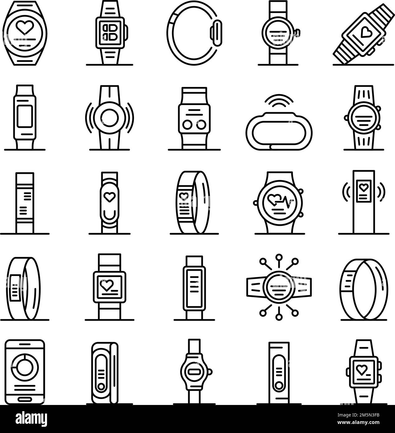 Fitness bracelet icons set. Outline set of fitness bracelet vector icons for web design isolated on white background Stock Vector