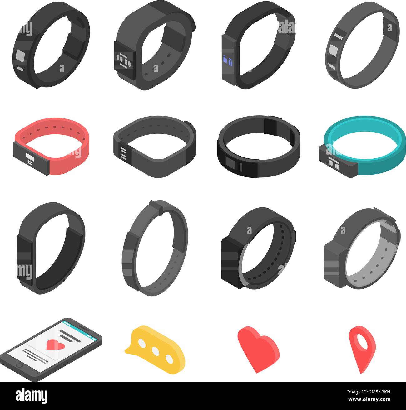 Fitness bracelet icons set. Isometric set of fitness bracelet vector icons for web design isolated on white background Stock Vector