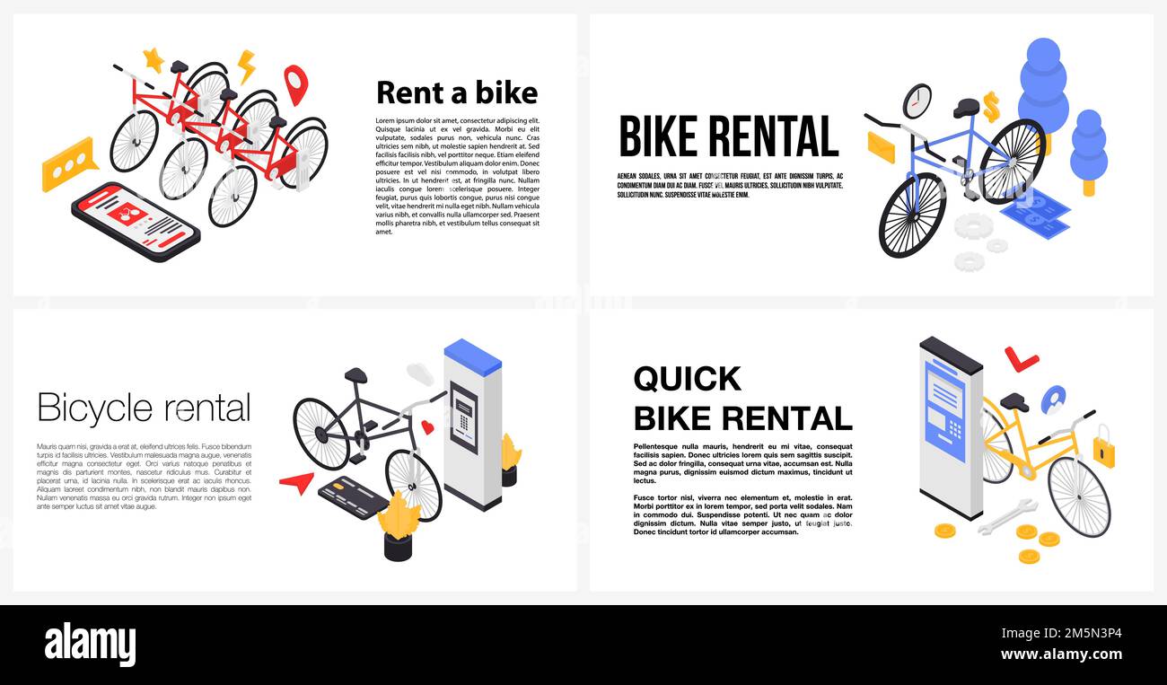 Rent a bike banner set. Isometric set of rent a bike vector banner for web design Stock Vector