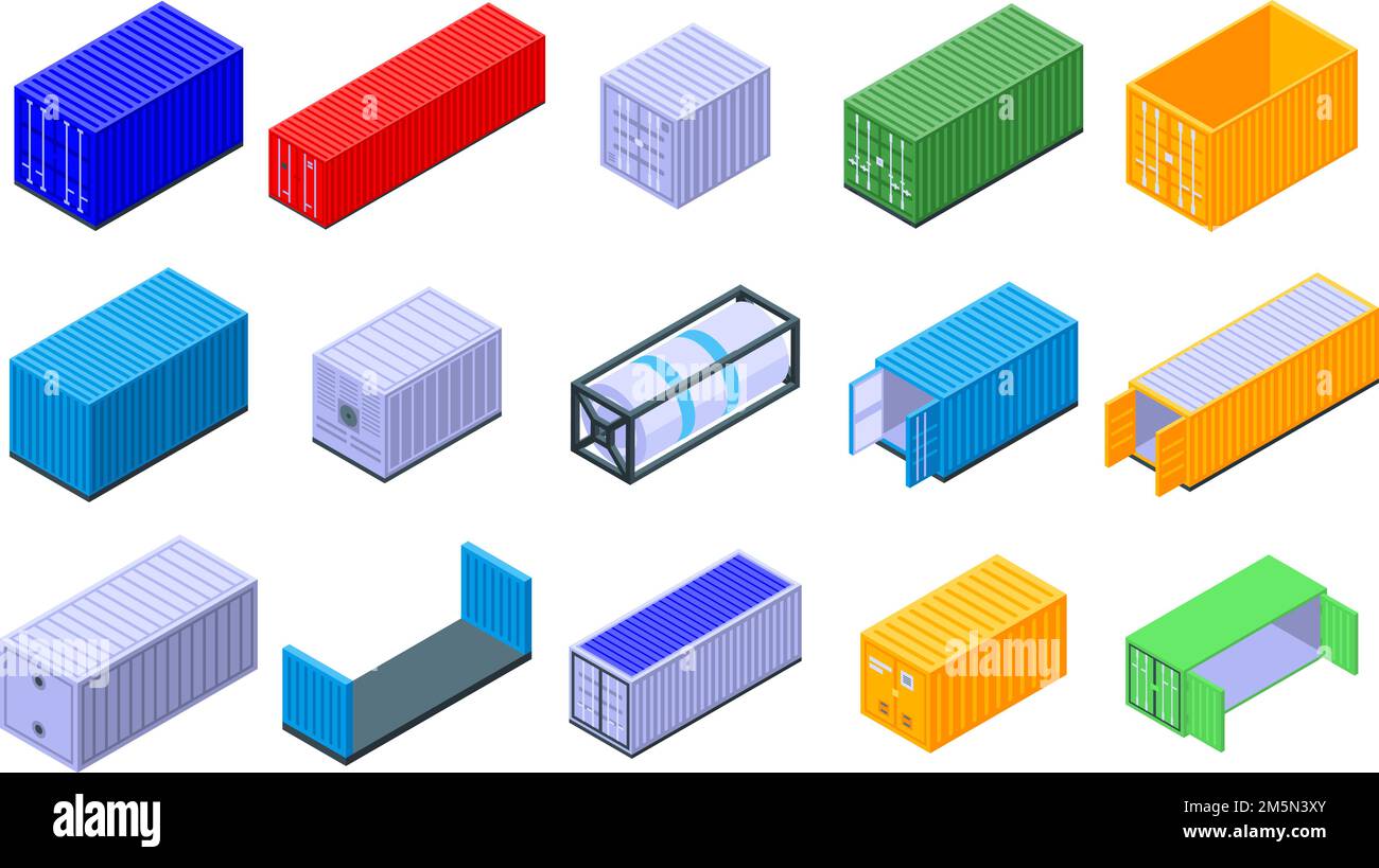 Cargo container icons set. Isometric set of cargo container vector icons for web design isolated on white background Stock Vector