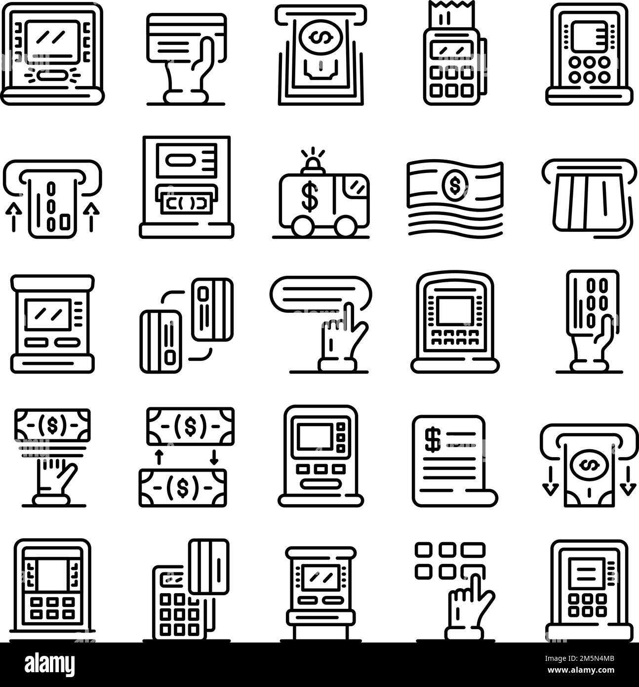 Atm machine icons set. Outline set of atm machine vector icons for web design isolated on white background Stock Vector
