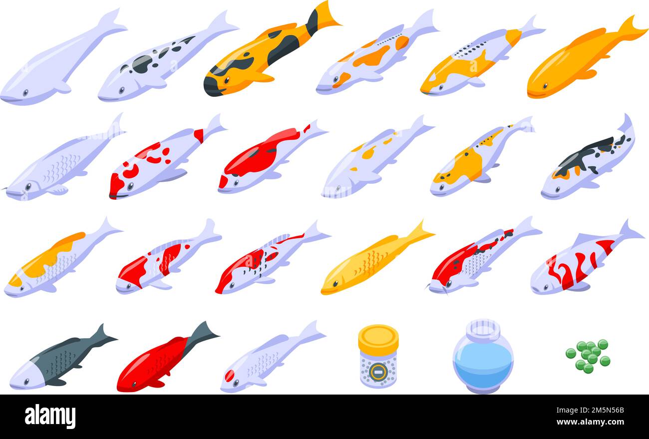 Koi carp icons set. Isometric set of koi carp vector icons for web ...