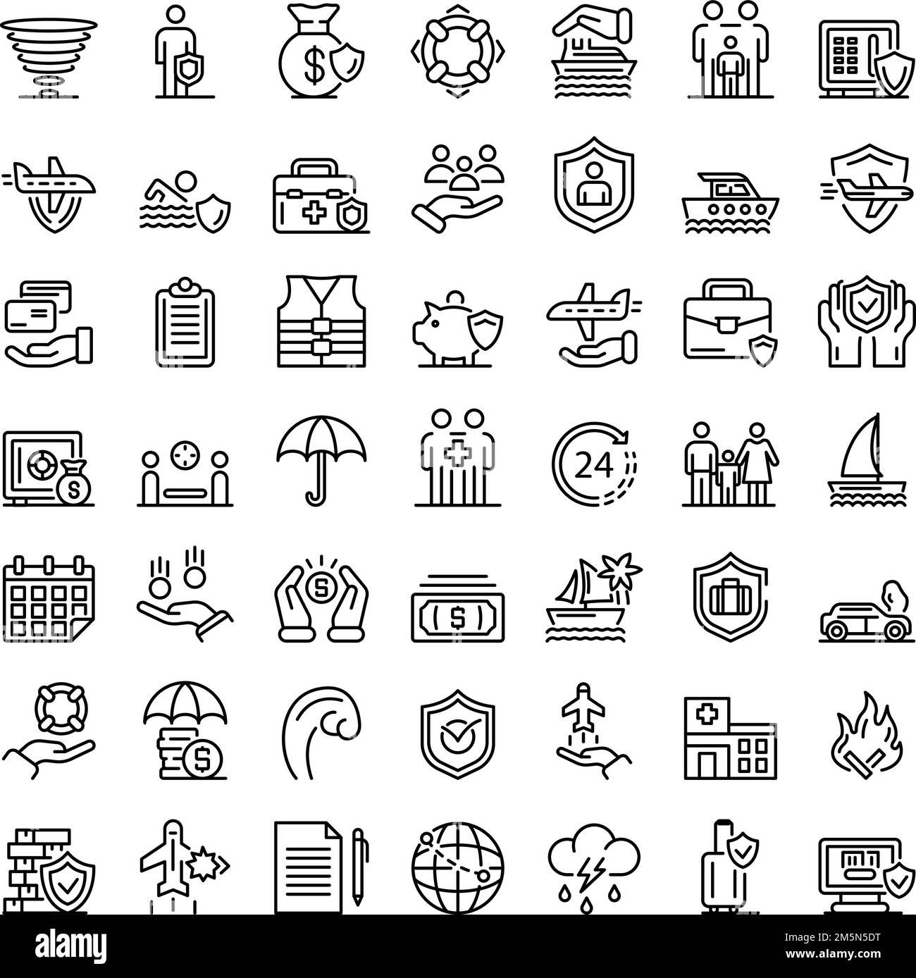 Family travel insurance icons set. Outline set of family travel