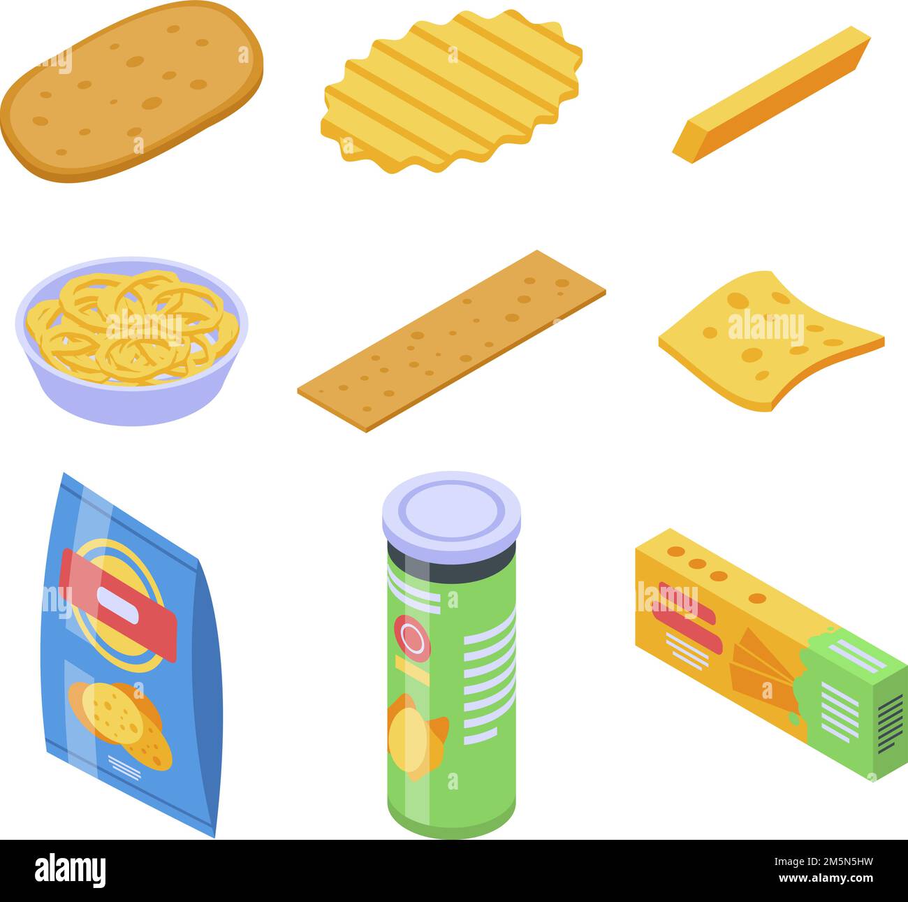 Chips potato icons set. Isometric set of chips potato vector icons for