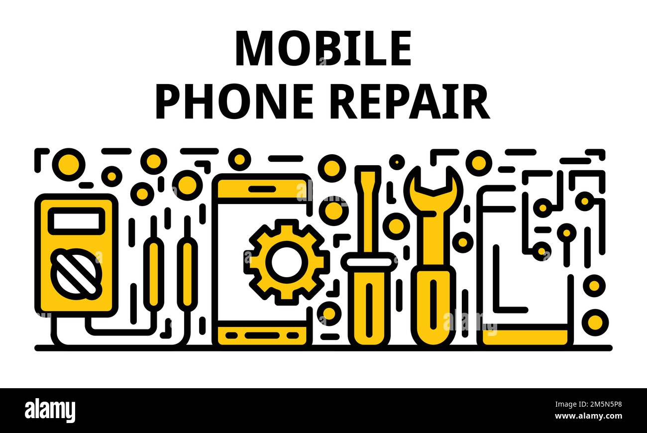 Mobile phone repair banner. Outline illustration of mobile phone repair vector banner for web