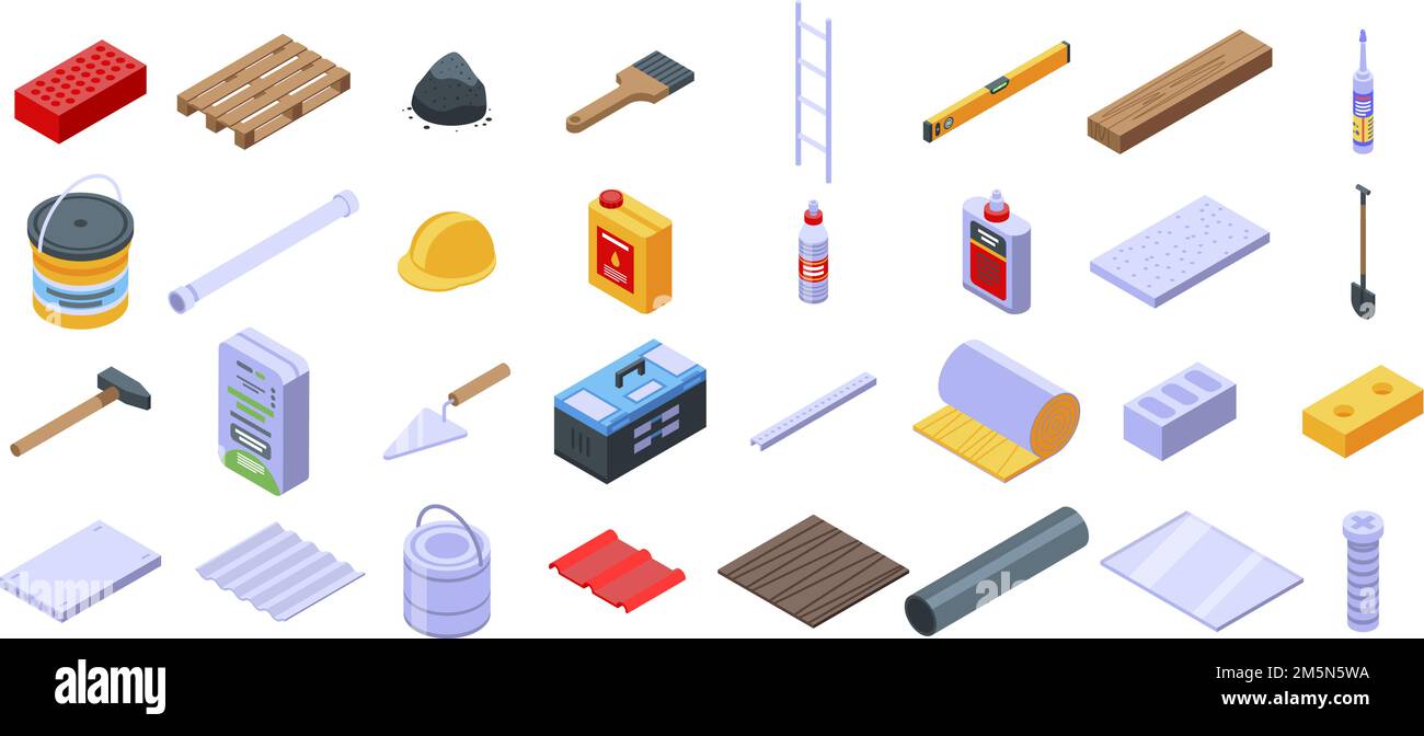 Construction materials icons set. Isometric set of construction materials vector icons for web design isolated on white background Stock Vector
