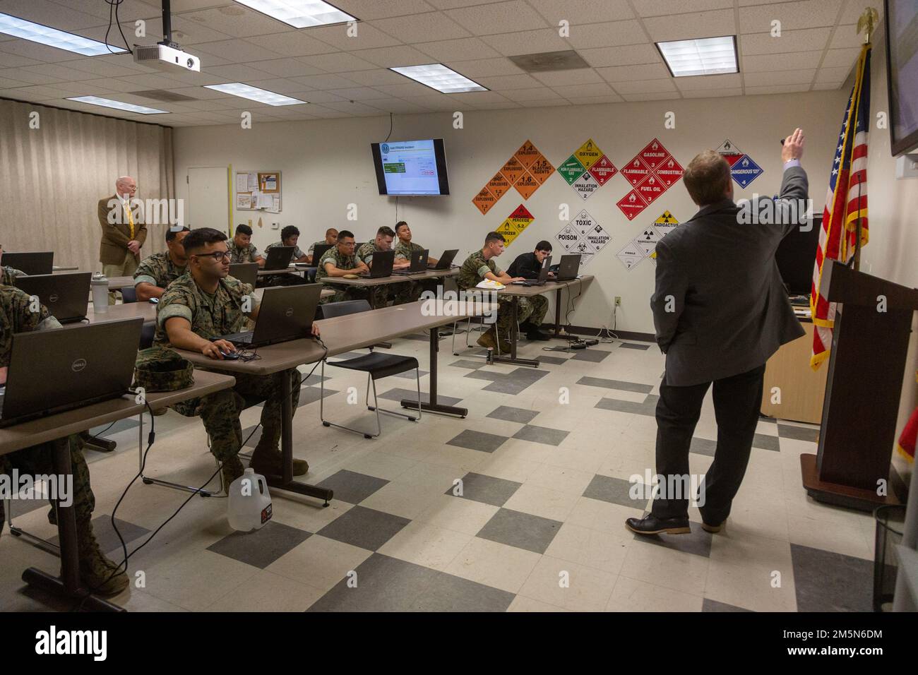 U.S. Marines with the Chemical, Biological, Radiological and Nuclear (CBRN) Platoon, 3rd Marine Aircraft Wing, conduct annual Joint Warning and Reporting (JWARN) training at Marine Corps Air Station Miramar, California, March 29, 2022. JWARN trains Marines to assess the type of contamination in an area and allows them to make a resolution based on the results of the analysis. Stock Photo