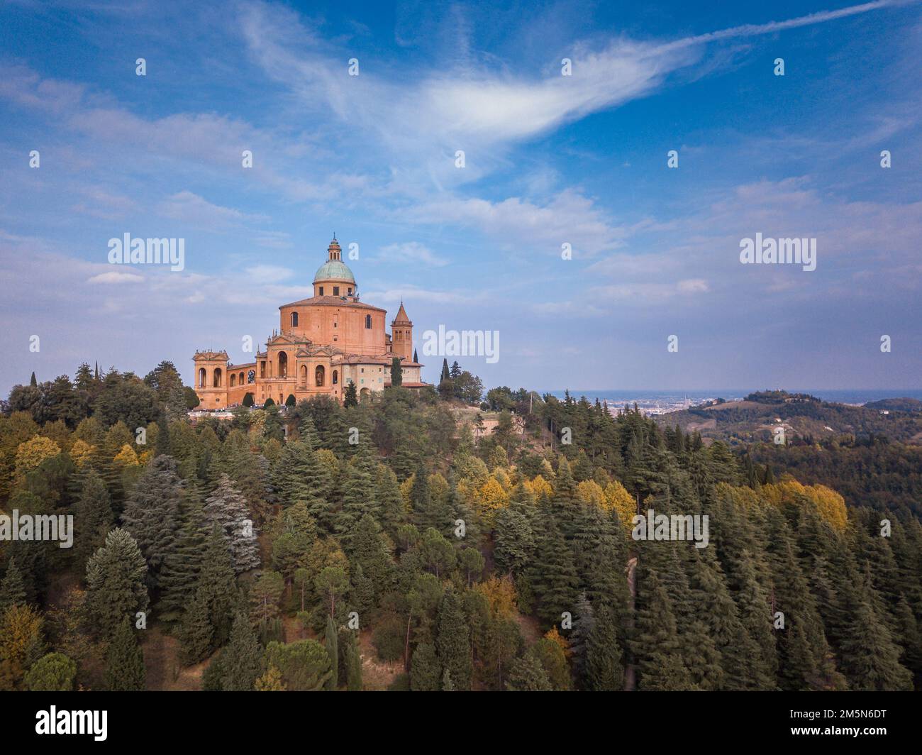 An aerial view of the Sanctuary of the Blessed Virgin of San Luca on the hill on a sunny morning Stock Photo