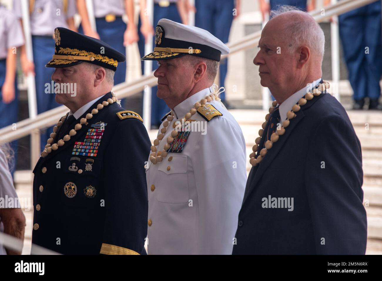 HONOLULU (March 29, 2022) Gen. Mark Milley, chairman of the Joint Chiefs of Staff, left, Adm. Samuel Paparo, commander, U.S. Pacific Fleet, center, and retired General, U.S. Army, David Bramlett, attend the Vietnam War Veterans Day Ceremony at the National Memorial Cemetery of the Pacific. Service members, veterans, distinguished guests, and spectators gathered to honor over three million men and women who served and sacrificed during the Vietnam War. Stock Photo