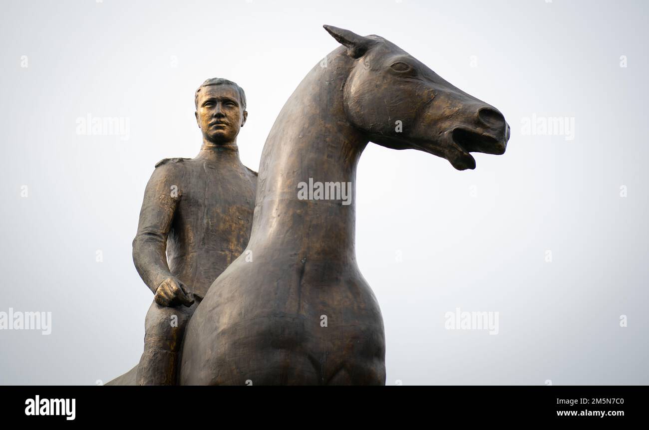 An equestrian statue stands in the city of Liège Belgium to memorialize King Albert I who reigned over Belgium during the World War I German occupation, Mar. 29,2022. Every year, a ceremony takes place at the statue to honor the heroic efforts and sacrifices of Belgian fortification fighters in Liège and to pay homage to Albert I who personally led his soldiers into battle. (DoD photo by Tech. Sgt. Daniel E. Fernandez) Stock Photo